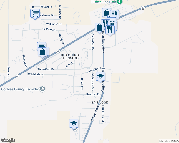 map of restaurants, bars, coffee shops, grocery stores, and more near 477 Santa Cruz Drive in Bisbee