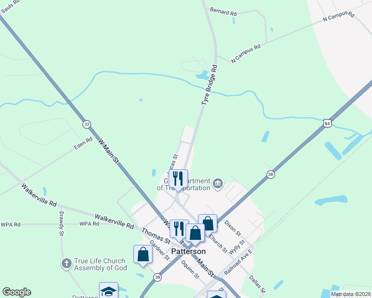 map of restaurants, bars, coffee shops, grocery stores, and more near 3285 Tyre Bridge Road in Patterson