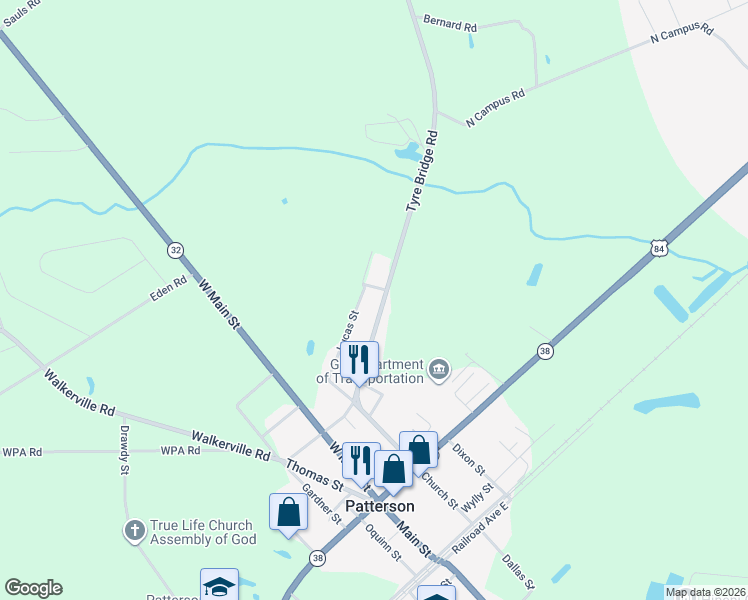 map of restaurants, bars, coffee shops, grocery stores, and more near 3285 Tyre Bridge Road in Patterson