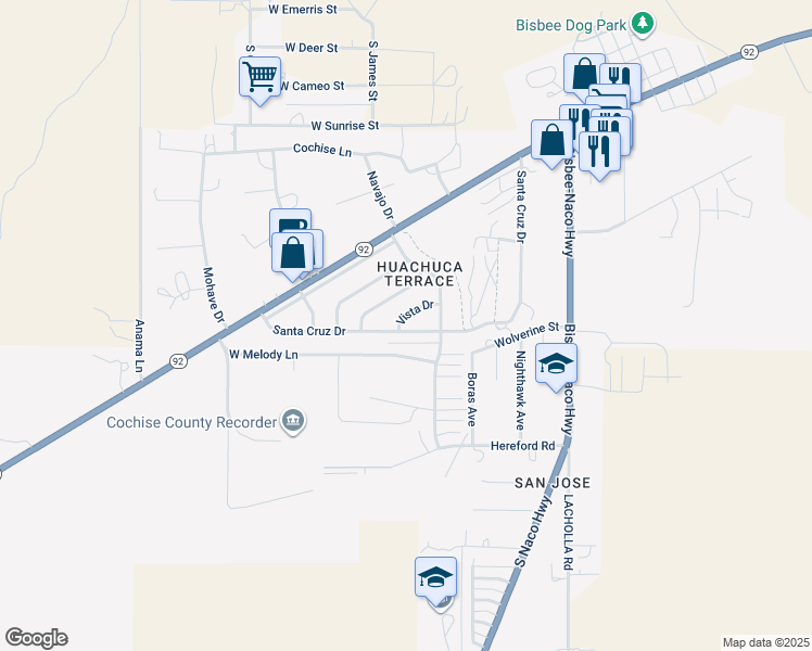 map of restaurants, bars, coffee shops, grocery stores, and more near 117 Vista Drive in Bisbee