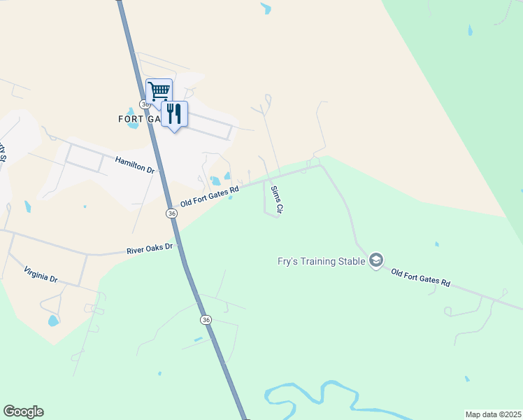 map of restaurants, bars, coffee shops, grocery stores, and more near 110 Sims Circle in Gatesville