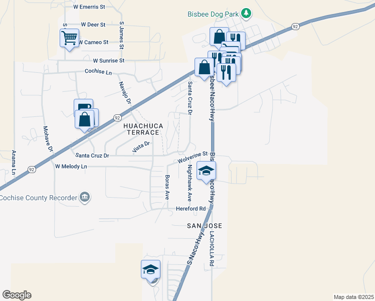 map of restaurants, bars, coffee shops, grocery stores, and more near 477 Santa Cruz Drive in Bisbee
