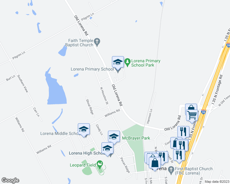 map of restaurants, bars, coffee shops, grocery stores, and more near 806 Old Lorena Road in Lorena
