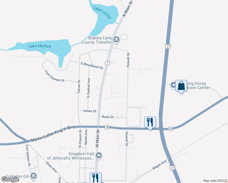 map of restaurants, bars, coffee shops, grocery stores, and more near 177 Hilton Drive in Blakely