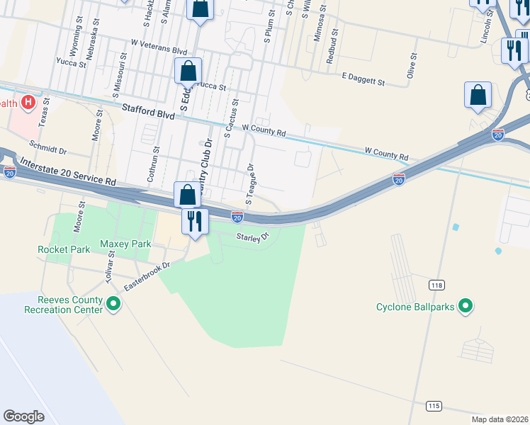 map of restaurants, bars, coffee shops, grocery stores, and more near Frontage Street in Pecos