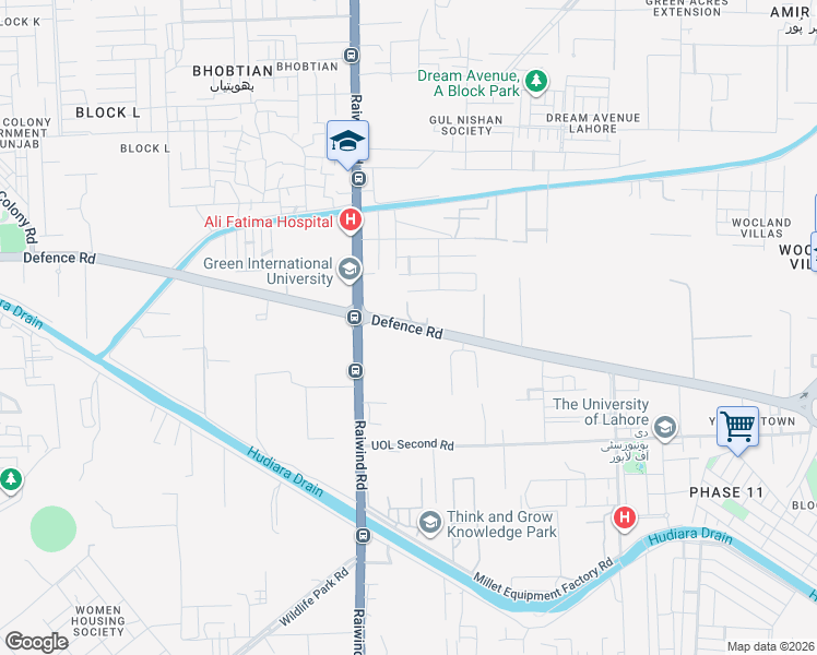 map of restaurants, bars, coffee shops, grocery stores, and more near Defence Road in Lahore