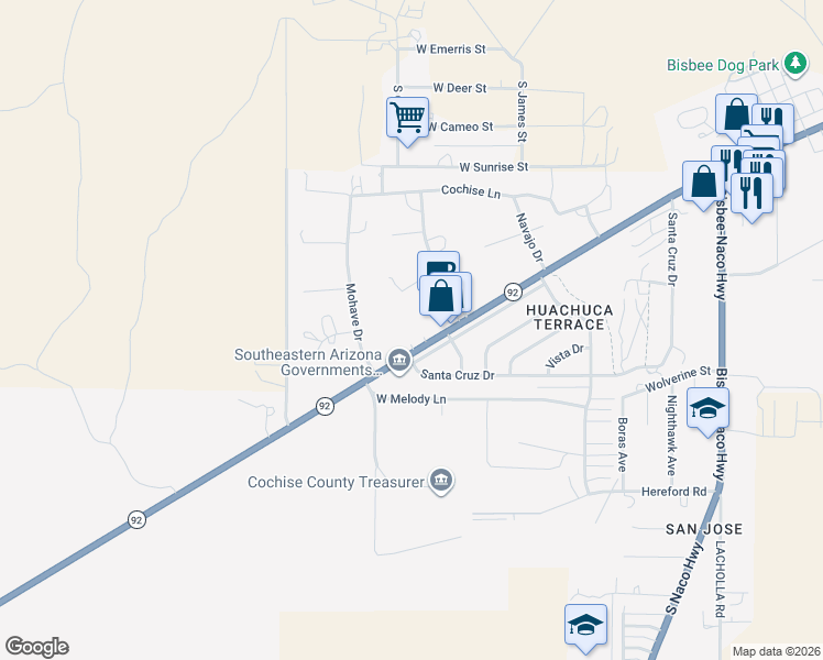 map of restaurants, bars, coffee shops, grocery stores, and more near 1372 Arizona 92 in Bisbee