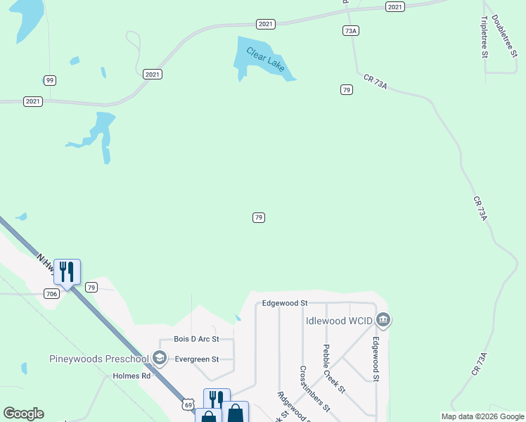 map of restaurants, bars, coffee shops, grocery stores, and more near County Road 79 in Angelina County