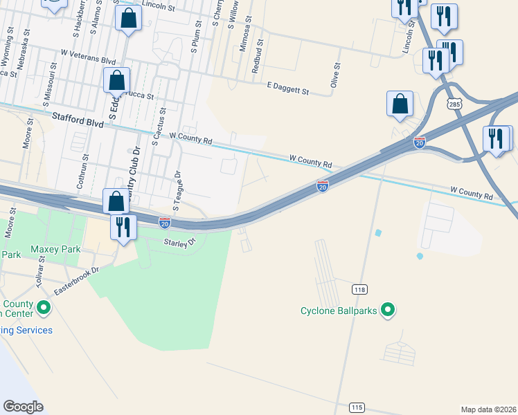 map of restaurants, bars, coffee shops, grocery stores, and more near Frontage Street in Pecos