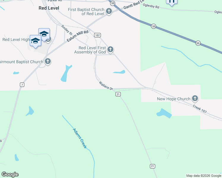 map of restaurants, bars, coffee shops, grocery stores, and more near Co Road 21 in Red Level
