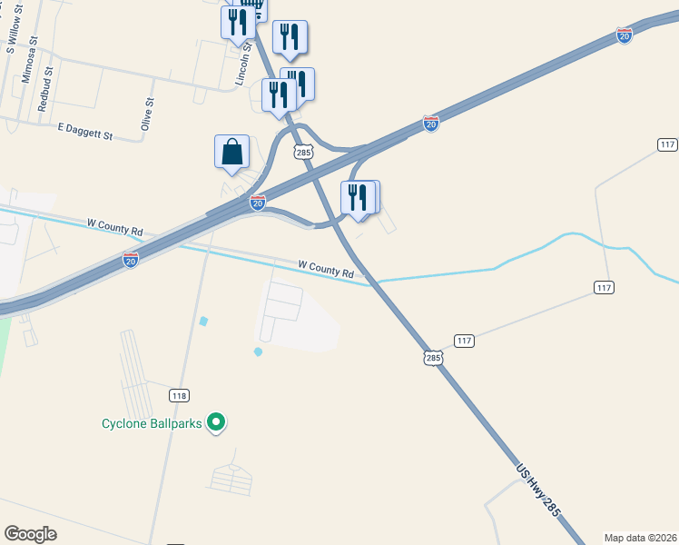 map of restaurants, bars, coffee shops, grocery stores, and more near 5201 South Cedar Street in Pecos