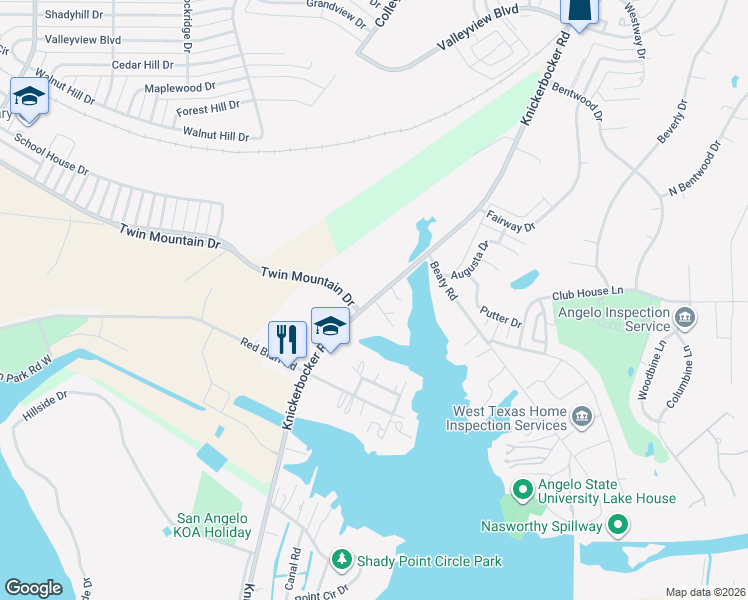map of restaurants, bars, coffee shops, grocery stores, and more near 5799 Knickerbocker Rd in San Angelo