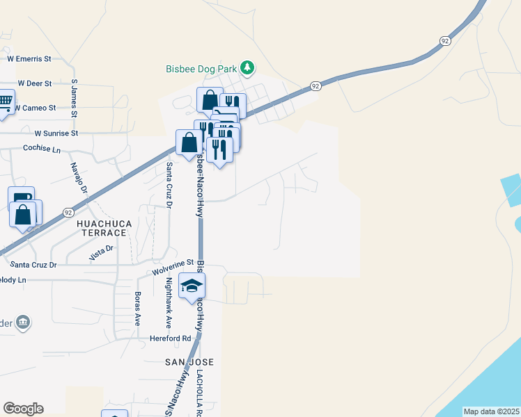 map of restaurants, bars, coffee shops, grocery stores, and more near 102 Esperanza Lane in Bisbee