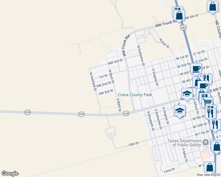map of restaurants, bars, coffee shops, grocery stores, and more near 1100 Southwest 3rd Street in Crane