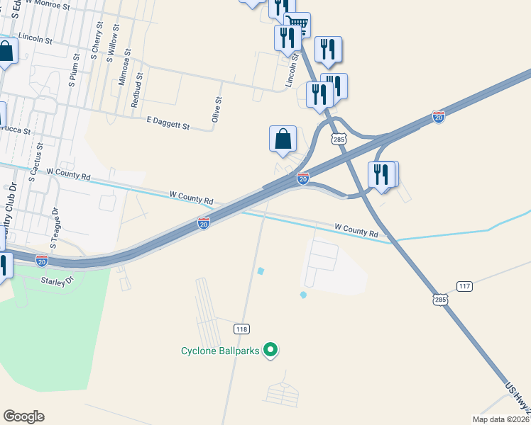 map of restaurants, bars, coffee shops, grocery stores, and more near County Road 118 in Pecos