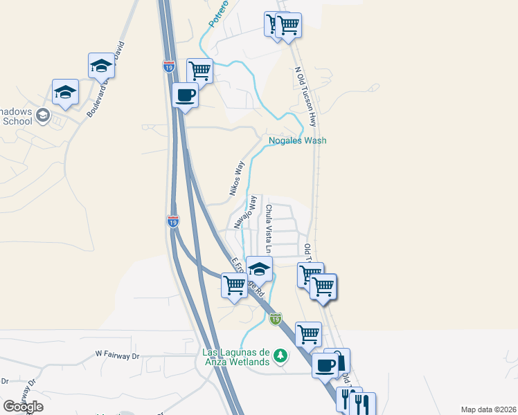 map of restaurants, bars, coffee shops, grocery stores, and more near 10 Pima Way in Nogales