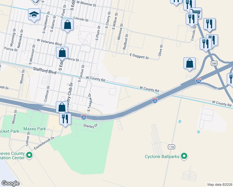 map of restaurants, bars, coffee shops, grocery stores, and more near 300 West County Road in Pecos