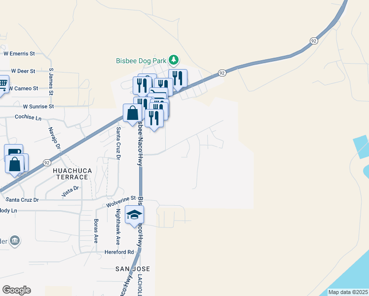 map of restaurants, bars, coffee shops, grocery stores, and more near 102 Esperanza Lane in Bisbee