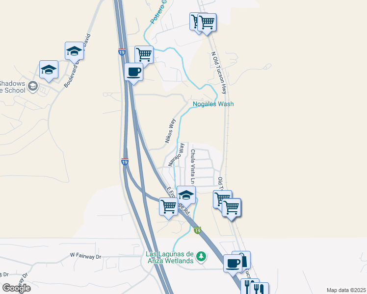 map of restaurants, bars, coffee shops, grocery stores, and more near 48 Navajo Way in Nogales