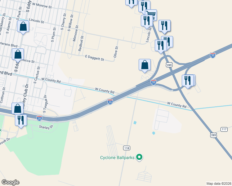 map of restaurants, bars, coffee shops, grocery stores, and more near 300 West County Road in Pecos