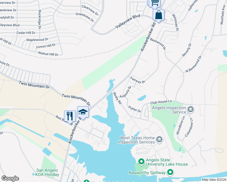 map of restaurants, bars, coffee shops, grocery stores, and more near 5500-5598 Knickerbocker Road in San Angelo