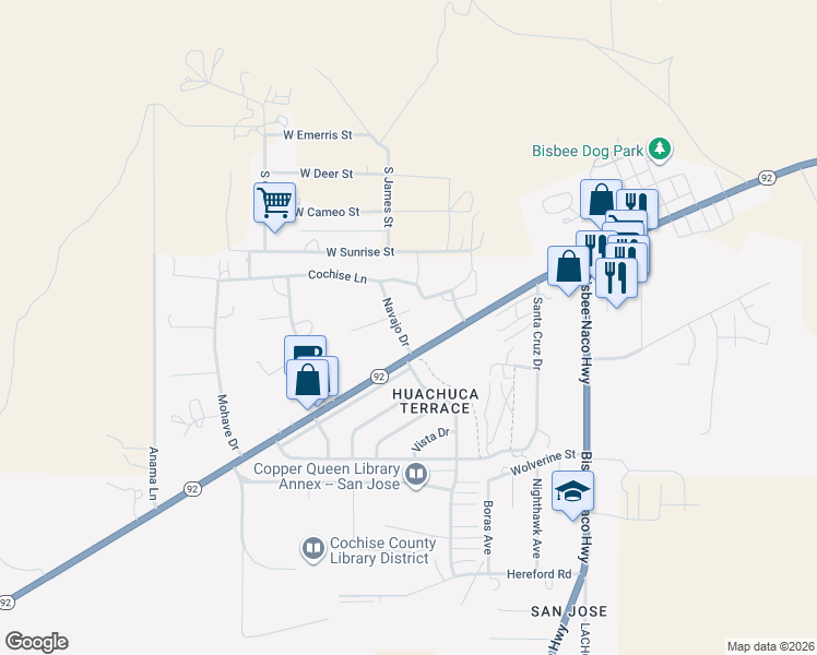 map of restaurants, bars, coffee shops, grocery stores, and more near 100 Navajo Drive in Bisbee