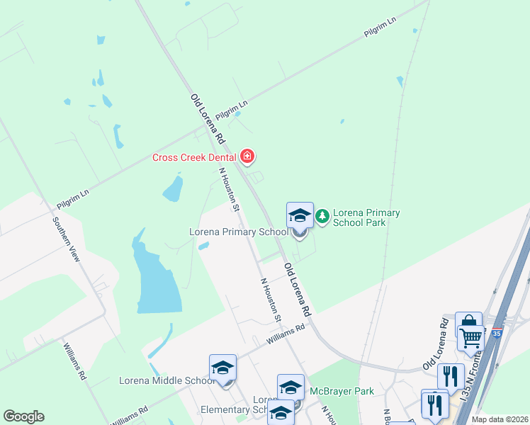 map of restaurants, bars, coffee shops, grocery stores, and more near Old Lorena Road in Lorena