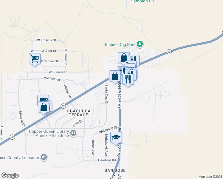 map of restaurants, bars, coffee shops, grocery stores, and more near 9 South Naco Highway in Bisbee