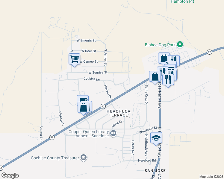 map of restaurants, bars, coffee shops, grocery stores, and more near 105 Dorothy Drive in Bisbee