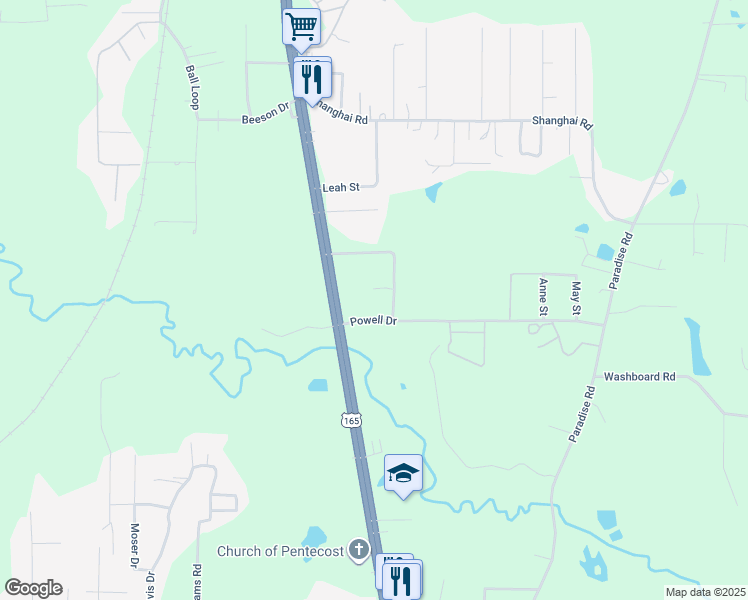 map of restaurants, bars, coffee shops, grocery stores, and more near 119 Powell Dr in Ball