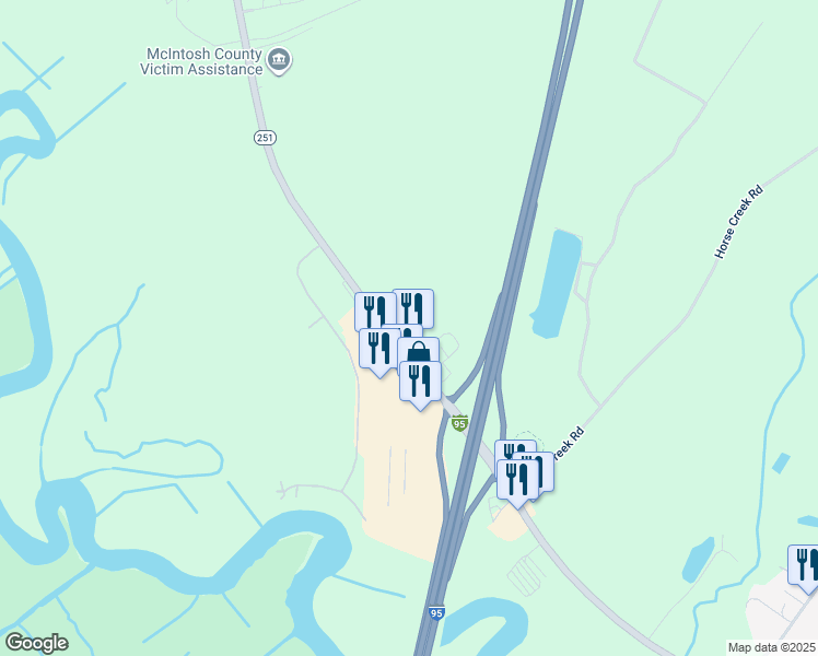 map of restaurants, bars, coffee shops, grocery stores, and more near 13452 Georgia 251 in Darien
