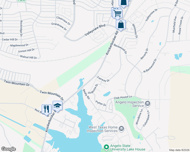 map of restaurants, bars, coffee shops, grocery stores, and more near 5500 Knickerbocker Road in San Angelo
