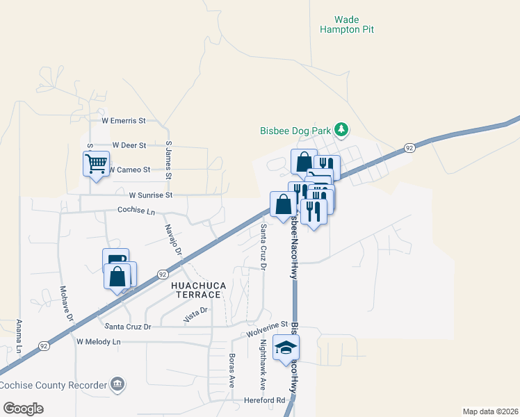 map of restaurants, bars, coffee shops, grocery stores, and more near 1020 Arizona 92 in Bisbee