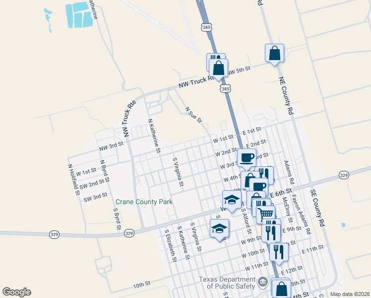 map of restaurants, bars, coffee shops, grocery stores, and more near 500 West 1st Street in Crane