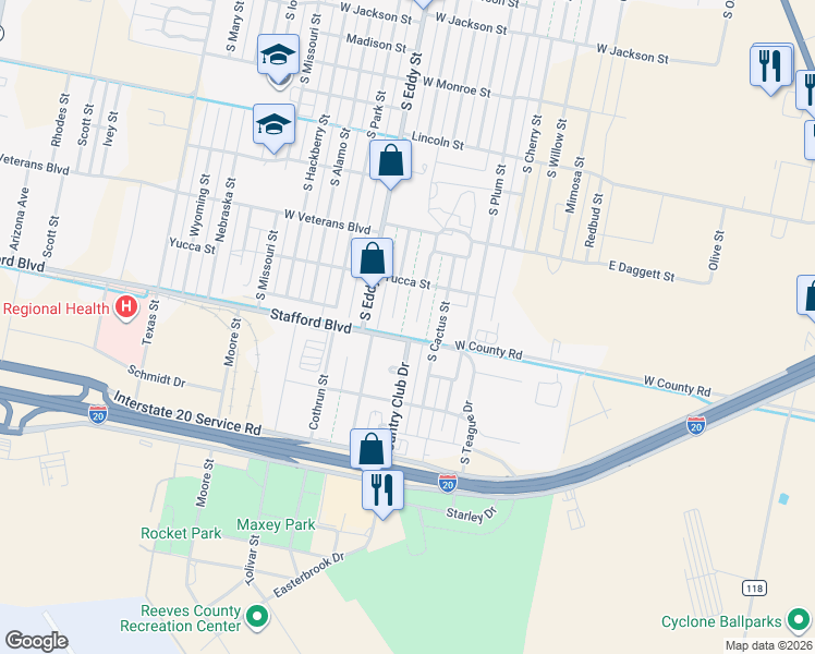 map of restaurants, bars, coffee shops, grocery stores, and more near Stafford Boulevard in Pecos