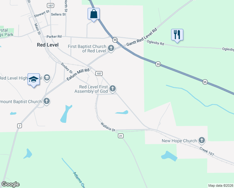 map of restaurants, bars, coffee shops, grocery stores, and more near County Road 107 in Red Level