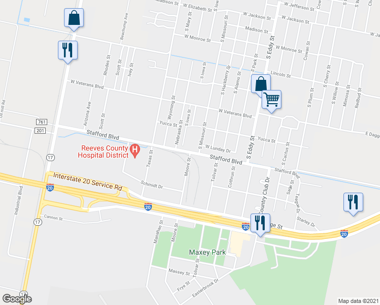 map of restaurants, bars, coffee shops, grocery stores, and more near Stafford Boulevard in Pecos