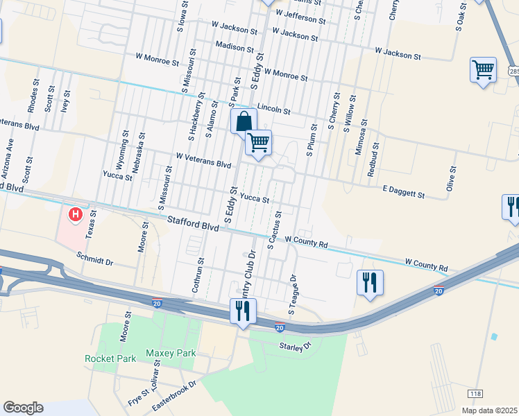 map of restaurants, bars, coffee shops, grocery stores, and more near 2200-2298 South Johnson Street in Pecos