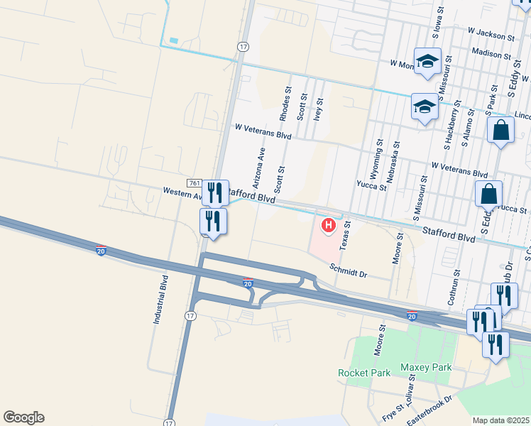 map of restaurants, bars, coffee shops, grocery stores, and more near 2212 Stafford Boulevard in Pecos