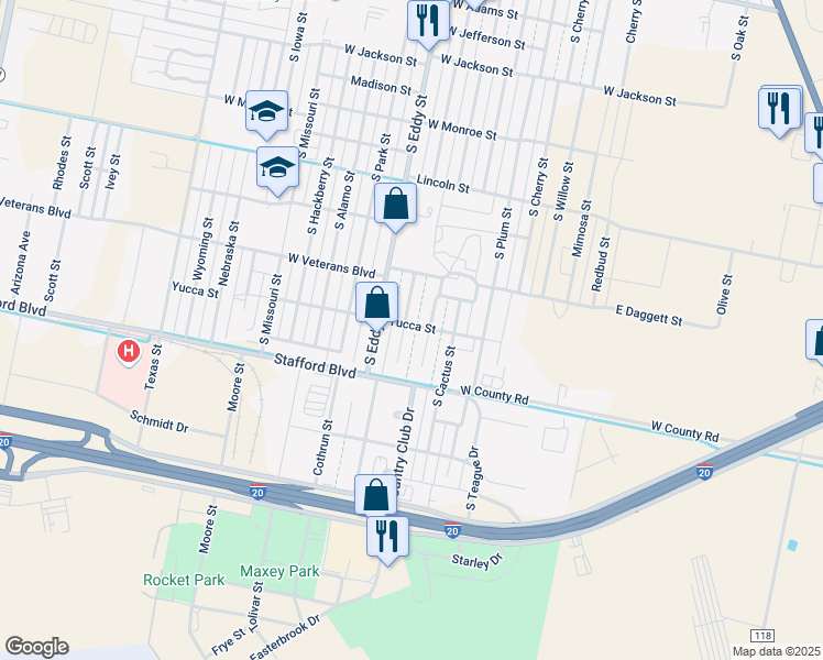 map of restaurants, bars, coffee shops, grocery stores, and more near 2200 South Johnson Street in Pecos