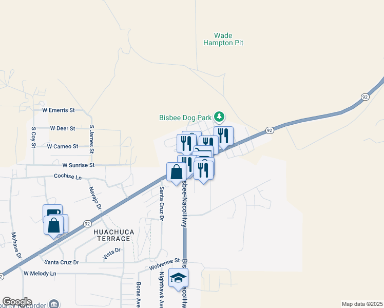 map of restaurants, bars, coffee shops, grocery stores, and more near 501 North Harrison Avenue in Bisbee