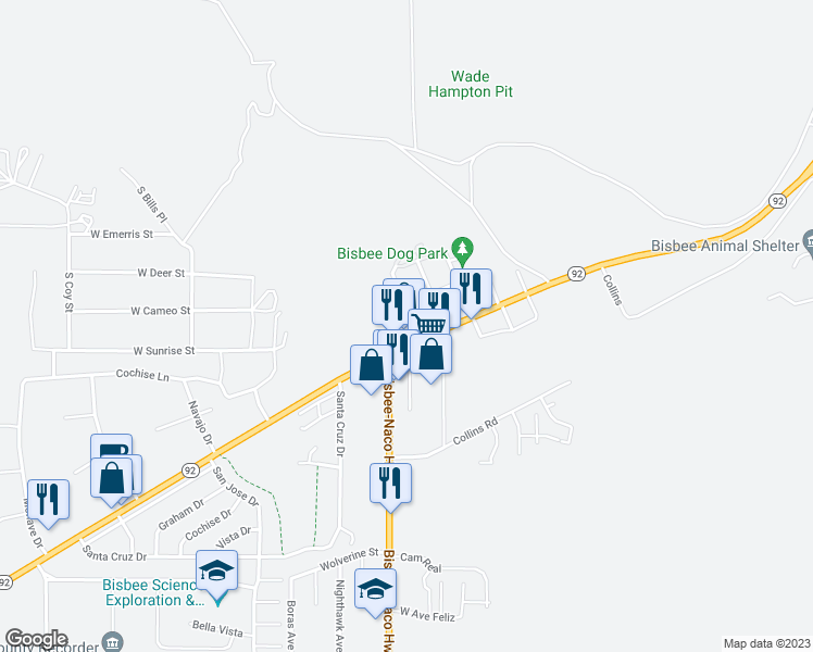 map of restaurants, bars, coffee shops, grocery stores, and more near 501 North Harrison Avenue in Bisbee