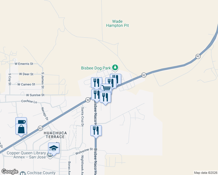 map of restaurants, bars, coffee shops, grocery stores, and more near 400 Arizona 92 in Bisbee