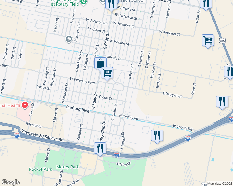 map of restaurants, bars, coffee shops, grocery stores, and more near 731-751 W Daggett St in Pecos