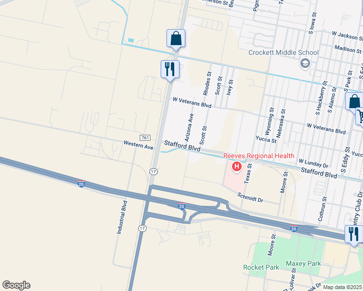 map of restaurants, bars, coffee shops, grocery stores, and more near 2212 Stafford Boulevard in Pecos