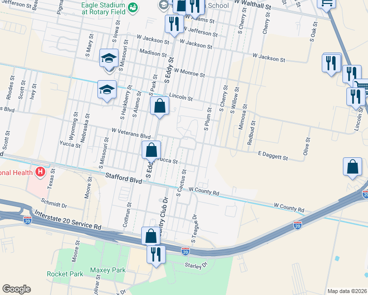 map of restaurants, bars, coffee shops, grocery stores, and more near 731 West Daggett Street in Pecos