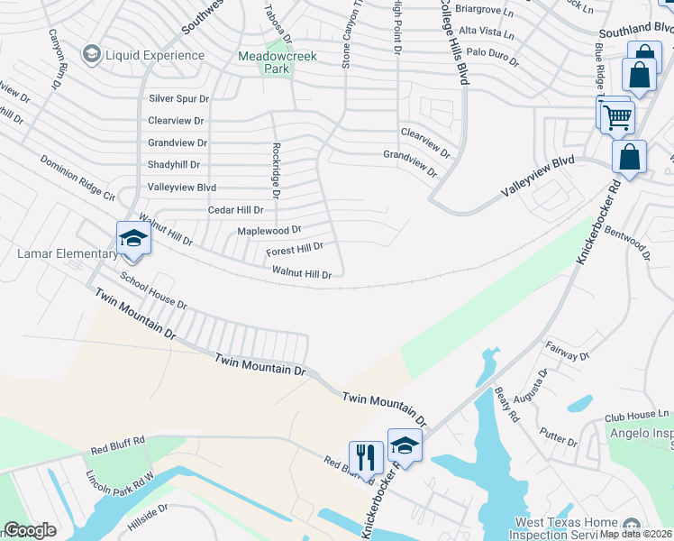 map of restaurants, bars, coffee shops, grocery stores, and more near 6121 Stone Canyon Trail in San Angelo