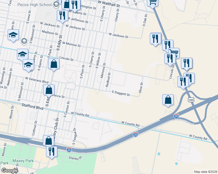 map of restaurants, bars, coffee shops, grocery stores, and more near 1828 Redbud Street in Pecos