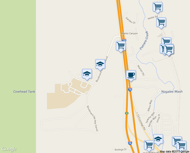 map of restaurants, bars, coffee shops, grocery stores, and more near 121 Camino Don Guillermo in Nogales