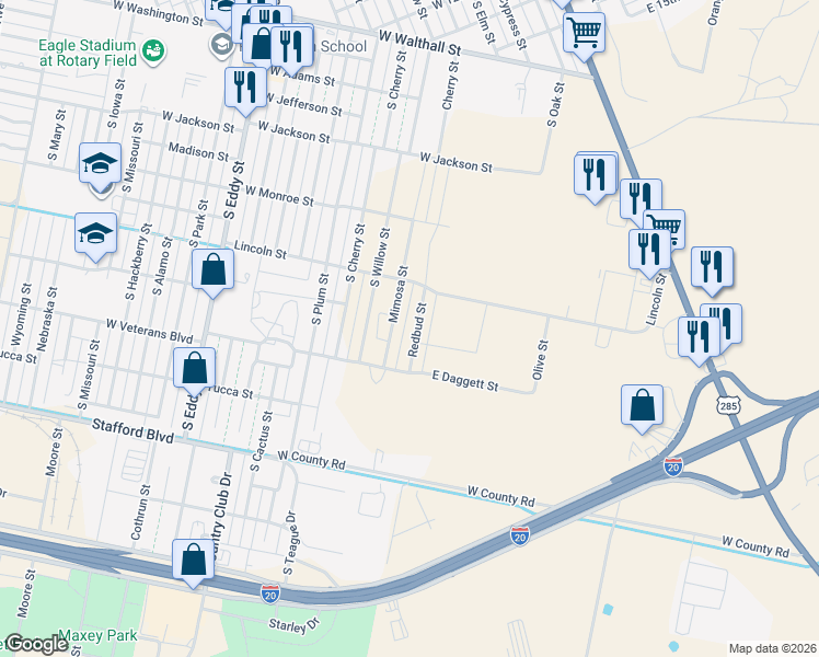 map of restaurants, bars, coffee shops, grocery stores, and more near 200 Lincoln Street in Pecos